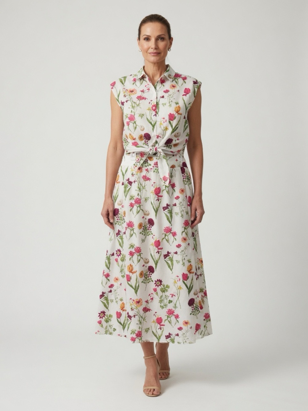 100% Cotton Floral Tie-Waist Sleeveless Shirt and Skirt Set